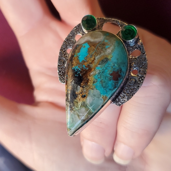 New Oversized Chrysocolla & Diopside 925 Silver Statement Ring. - Picture 9 of 14